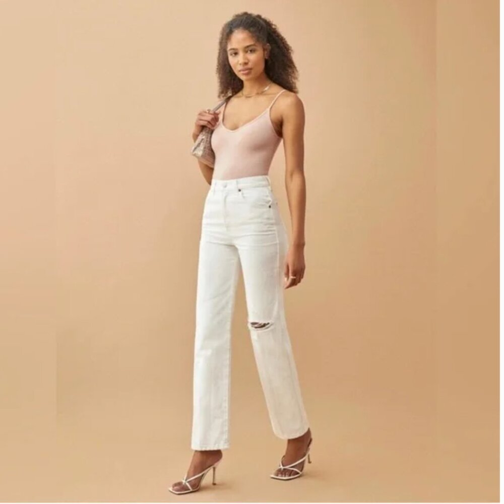 REFORMATION Cowboy High Rise Straight Leg Jeans Vintage White Distressed Size 26